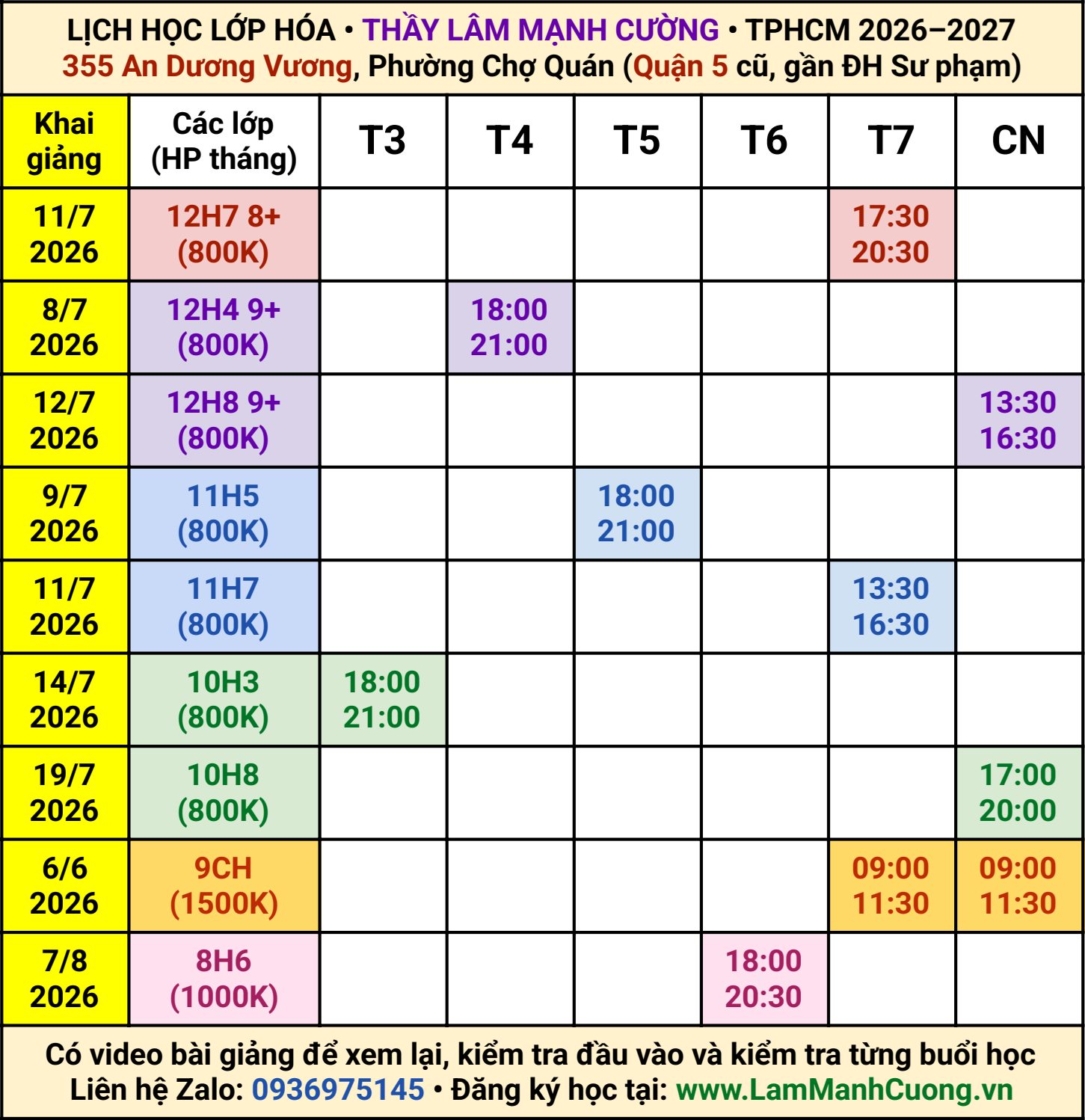 Thời khóa biểu Lớp Hóa Thầy Lâm Mạnh Cường 2026-2027